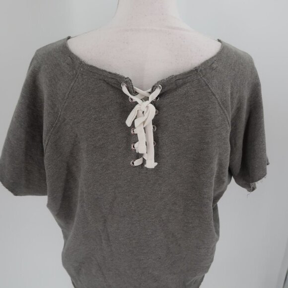 Victoria's Secret Pink Cut off Gray Sweatshirt Lace up Back Resting Beach Face M - Picture 6 of 7